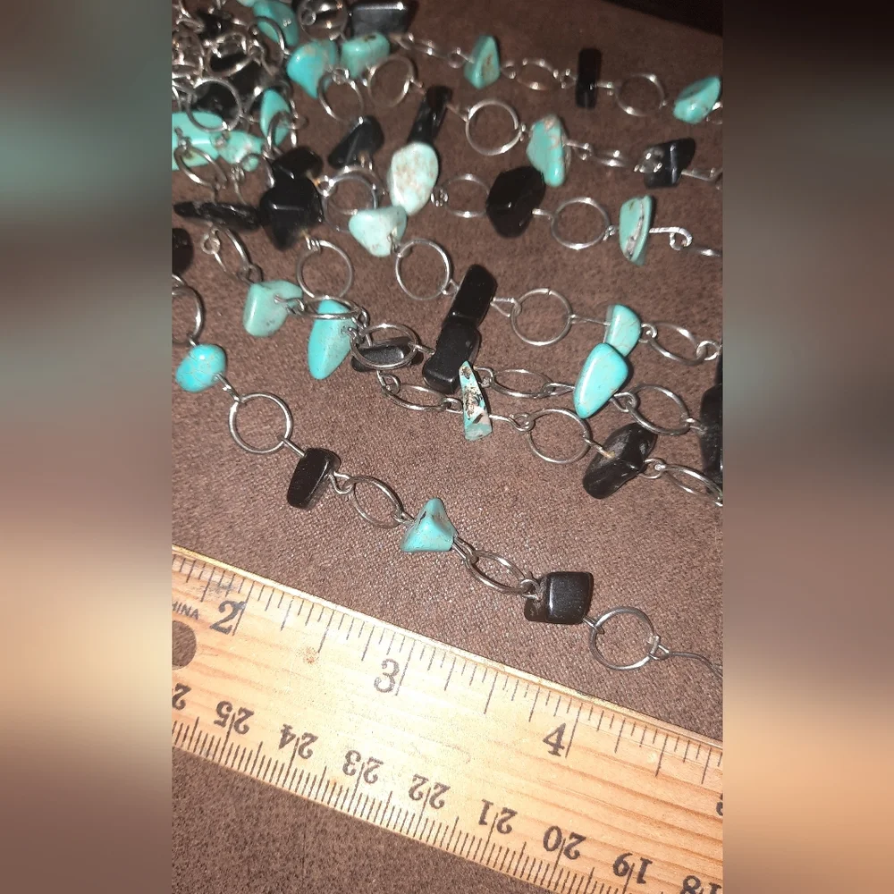 Turquoise and black genuine nugget multistrand necklace silvertone